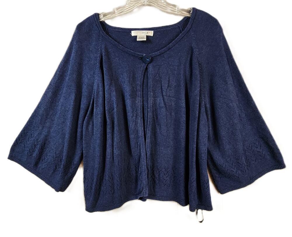 WD NY Sweater Women 2X Open Knit Cardigan Blue Textured Hem